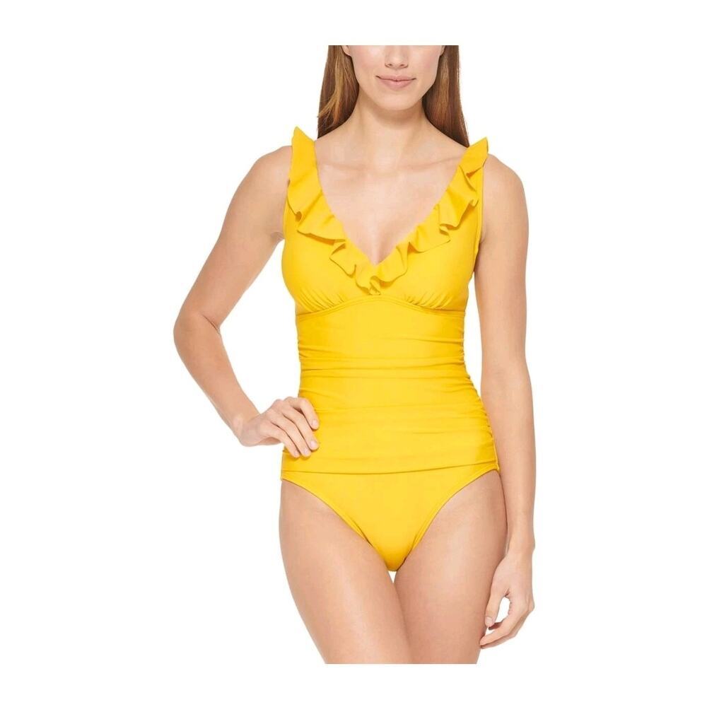 DKNY Ruffle Plunge Underwire Tummy Control One-Piece Swimsuit Yellow Size 12